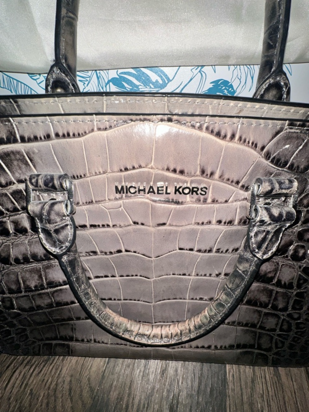 Michael Kors Croc-Embossed Tote in Dark Gray-Black - Picture 3 of 12